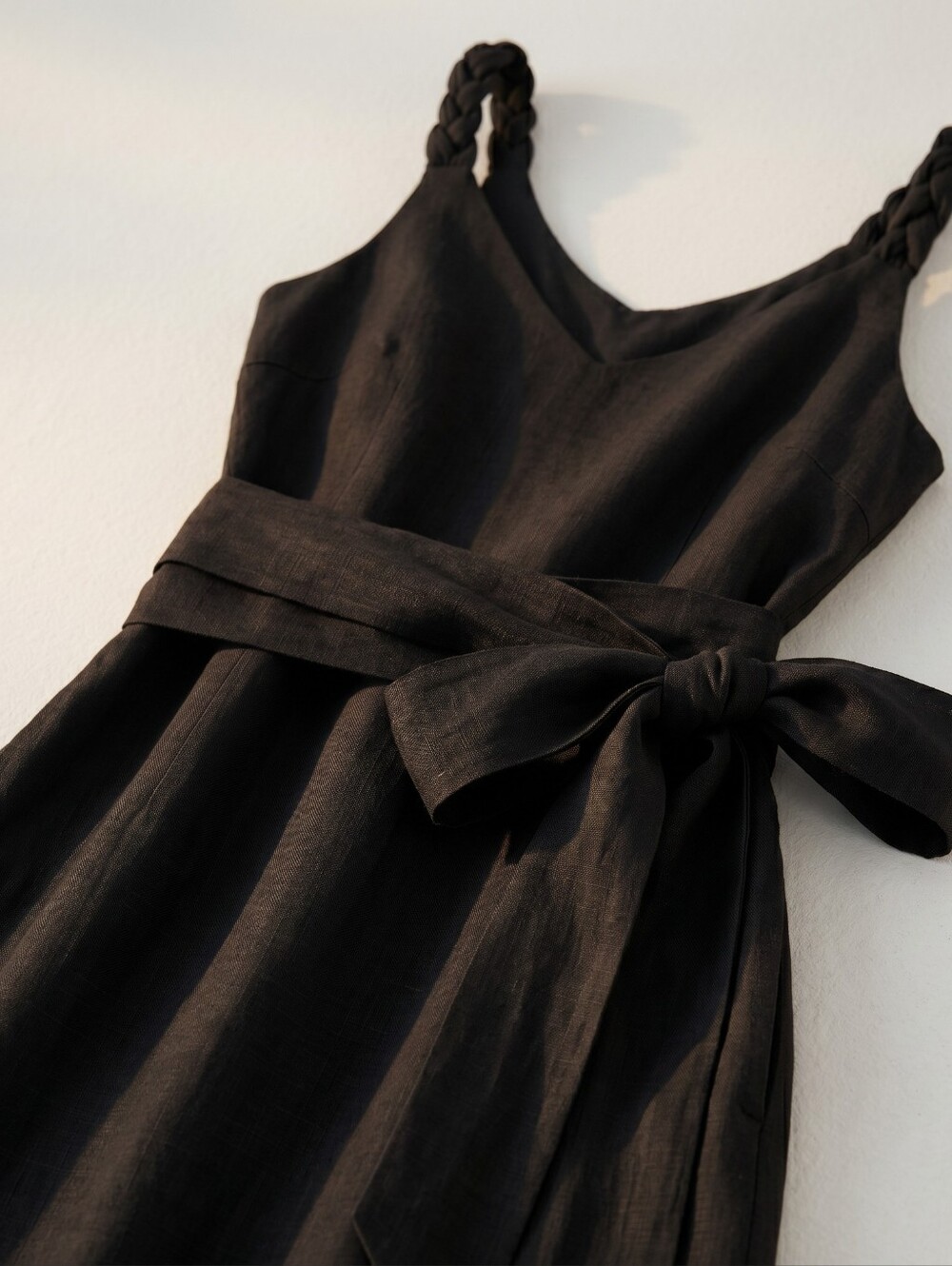 Pavietra Black Linen Dress Braided Straps Self-Tie Belt V-Neck Side Slits Midi - Picture 3 of 6